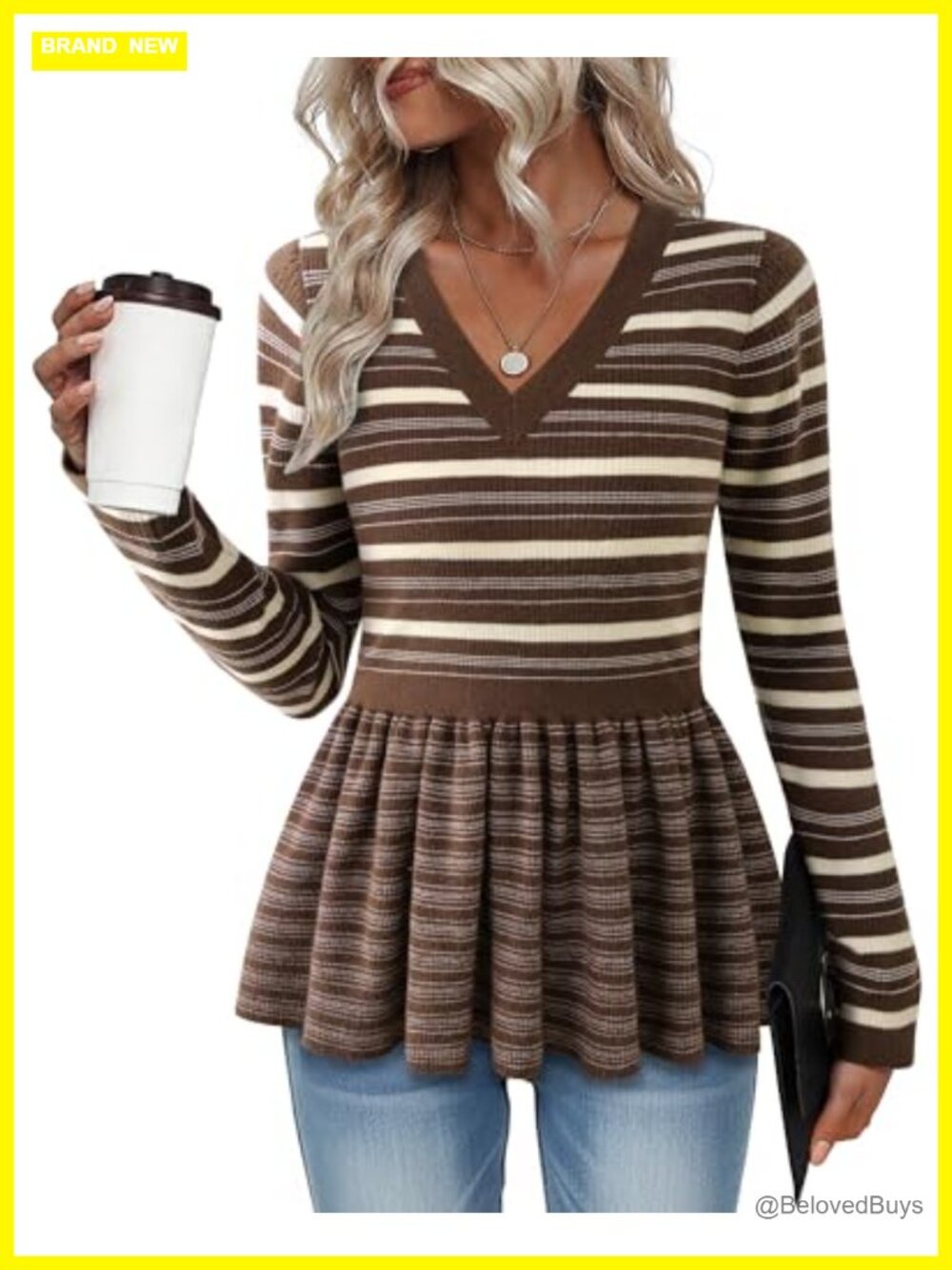 Women's V Neck Long Sleeve Peplum Pullover Sweater Ribbed Knit Casual